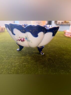 Vintage Nippon Cobalt Blue Trim Floral Porcelain Footed Bowl